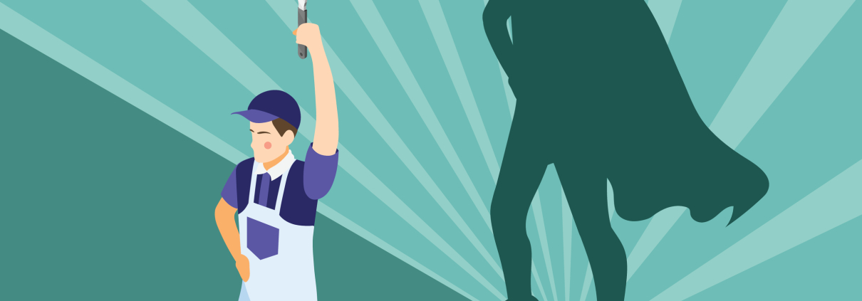 Ordinary people superheroes radiating rays green background with mechanic repairman with wrench as isometric vector illustration