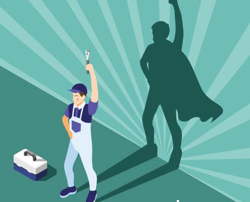 Ordinary people superheroes radiating rays green background with mechanic repairman with wrench as isometric vector illustration