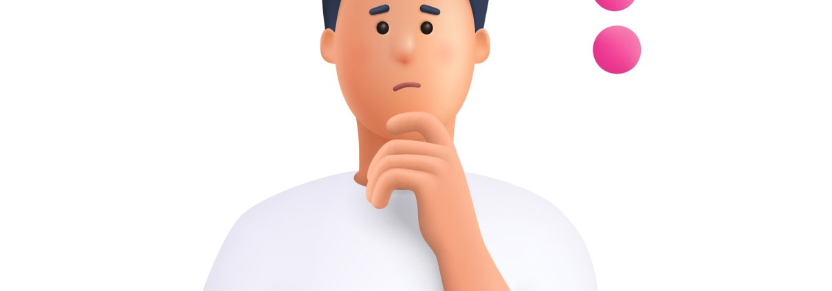 Confused man thinking in a thoughtful pose with question mark. Choice, problem solving concept. 3d vector people character illustration. Cartoon minimal style