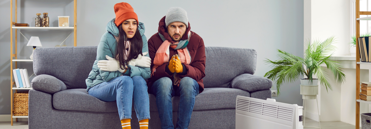 Freezing people in winter jackets sitting on sofa at home. Sad warmly closed husband abd wife feeling cold and trying to warm up. Heating problems, power crisis concept